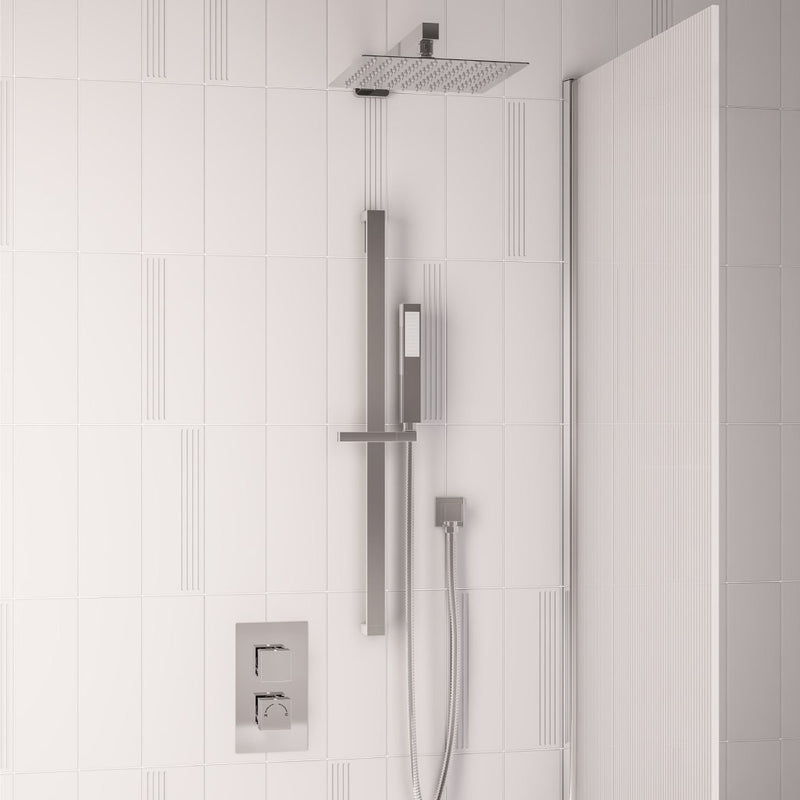 Twin Valve, Square Shower Head Square Riser Kit, Outlet Elbow, Hose, Handset