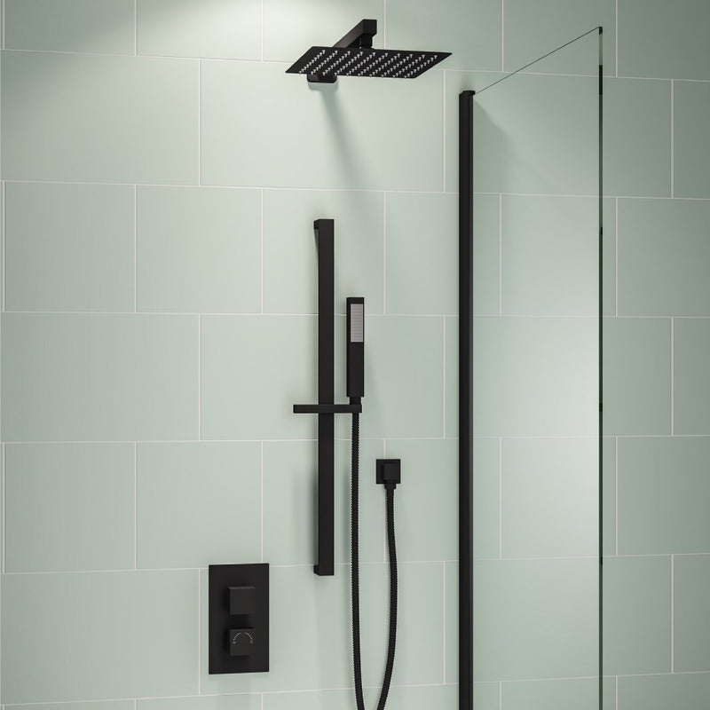 Twin Valve, Square Shower Head Square Riser Kit, Outlet Elbow, Hose, Handset