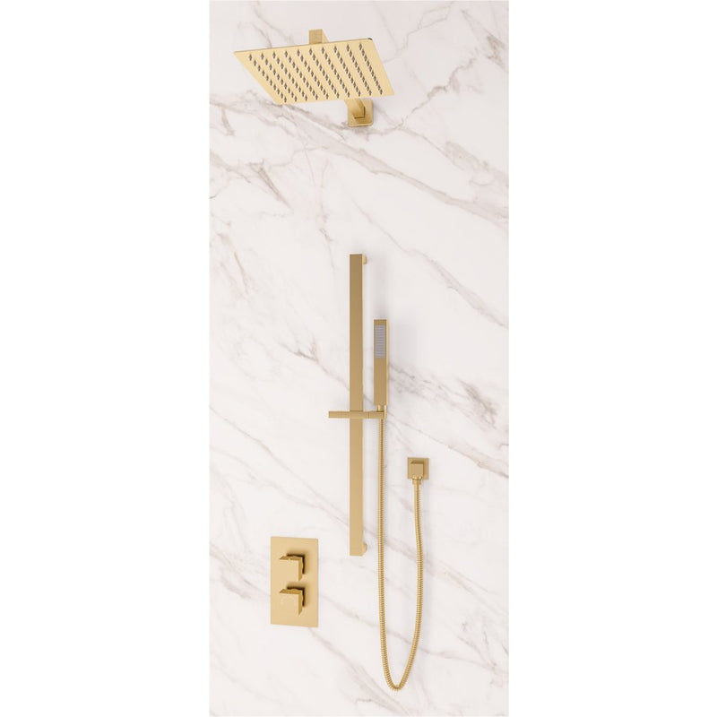 Twin Valve, Square Shower Head Square Riser Kit, Outlet Elbow, Hose, Handset